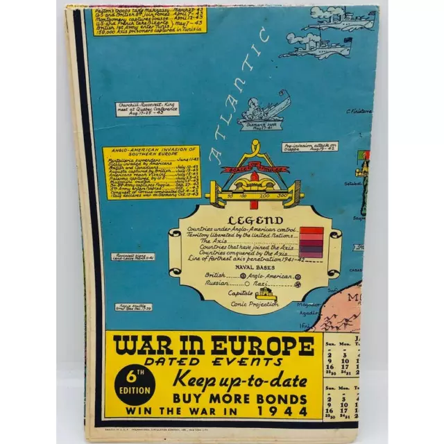 Rare War in Europe Dated Events Keep Up to Date 6th Ed. 1944 Map Beautiful Cond.