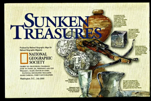 2001-7 July OCEAN'S SUNKEN TREASURES  National Geographic Map EUC - A3+