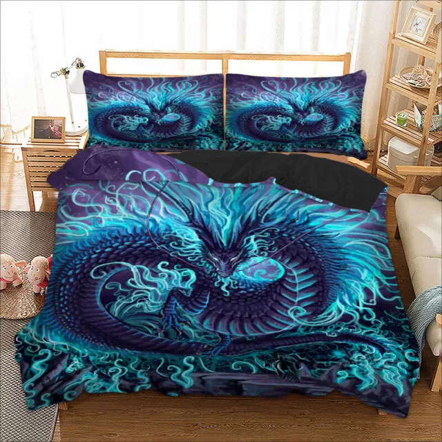 Blue Dragon Animal Quilt Doona/Duvet Covers Set Queen King Size Bed Pillowcases
