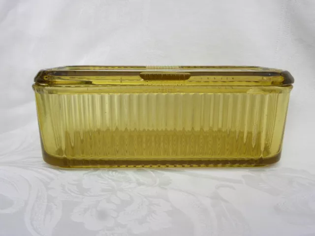 Vint. Federal Yellow Depression Glass Rectangle Ribbed Covered Refrigerator Jar 2