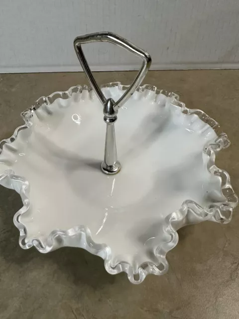 Fenton Art Glass Silver Crest on Milk Glass Center-Handle Bonbon Candy Bowl Dish