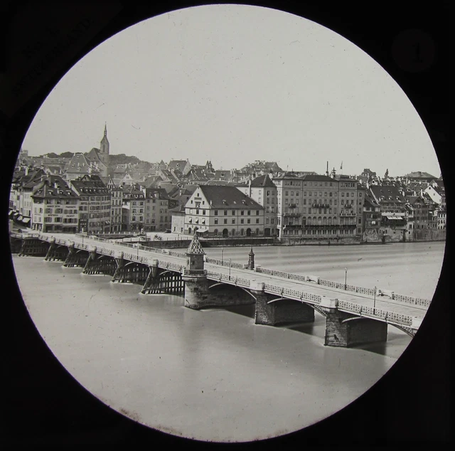 Glass Magic Lantern Slide BASEL OLD BRIDGE C1890 VICTORIAN PHOTO SWITZERLAND