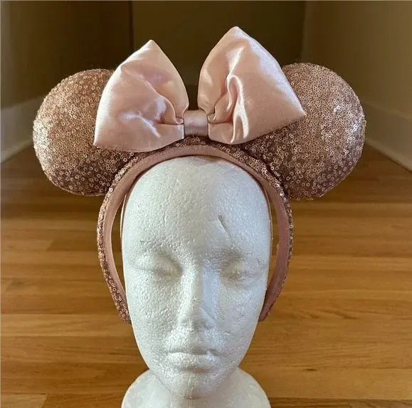 Disney Parks Rose Gold Sequin Pink Bow Minnie Mickey Mouse Ears Headband 3