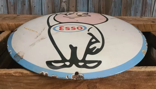 Vintage ESSO Happy Oil Drop Man Gas Pump Plate Porcelain Metal Dome 12" Sign 2