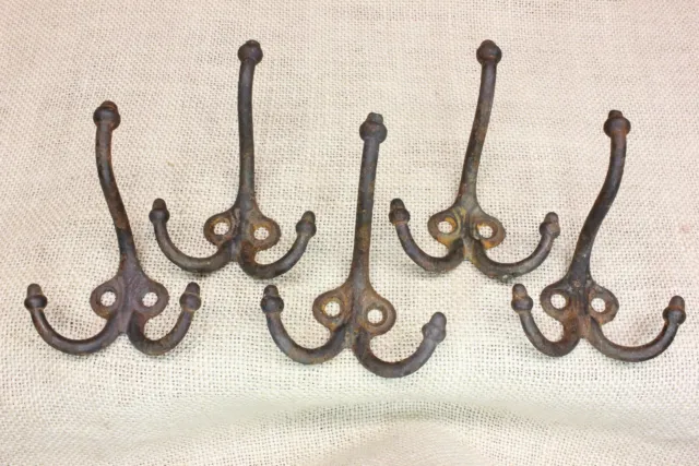 5 Triple Old Coat Hooks School Farm House Hangers Acorn Decorated Rustic Iron