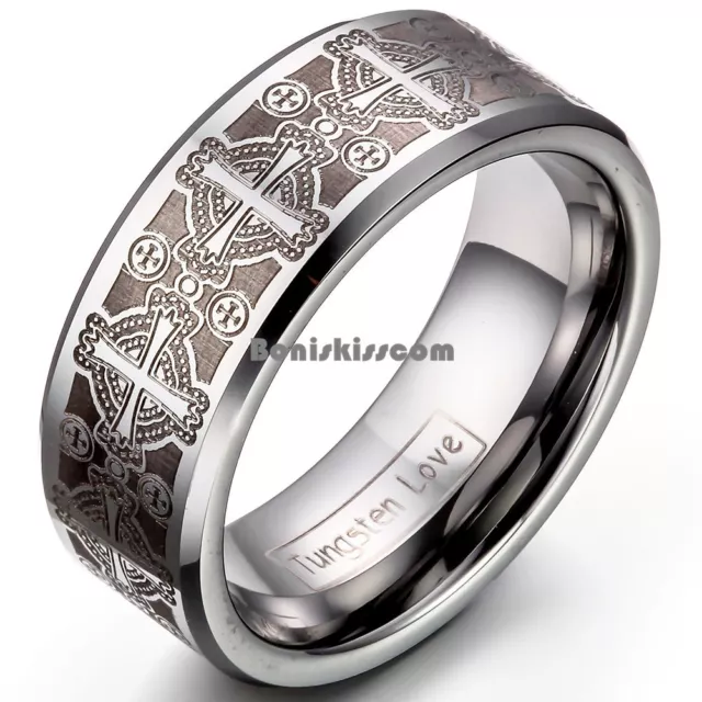 8mm Men's Tungsten Carbide Ring Comfort Fit Laser Celtic Cross Wedding Band