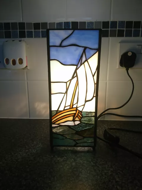 Rare Tiffany Style Sailing Boat Square Handcrafted Leaded Table Lamp