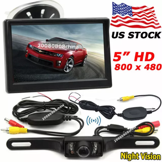 5" TFT LCD Color Car Rear View Monitor +License Plate Wireless IR Backup Camera