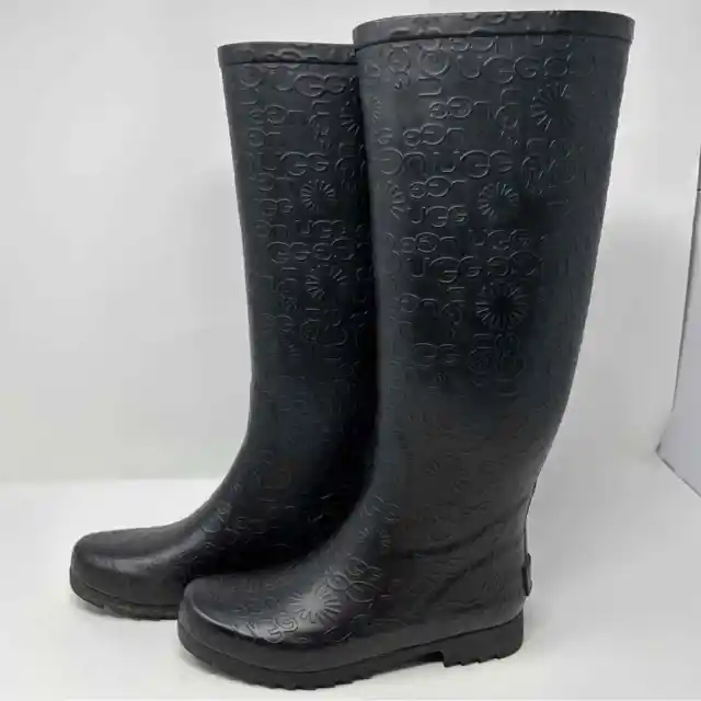 Ugg Australia Wilshire Black Charcoal Logo Tall Rubber Rain Boots Size 5