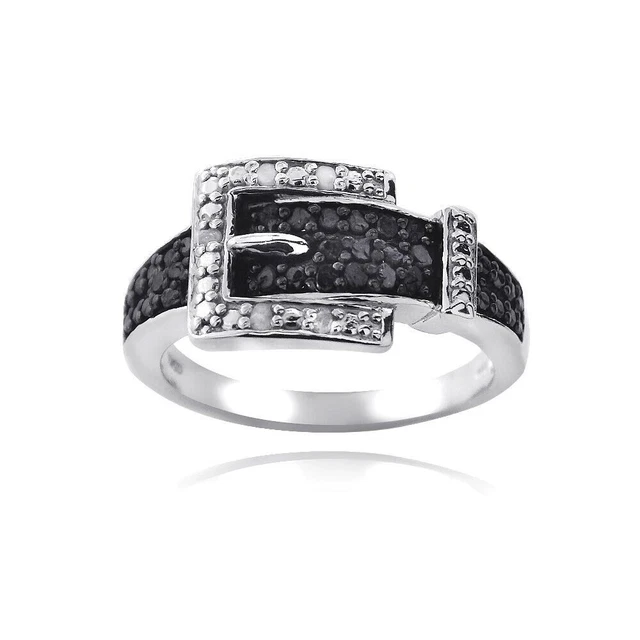 925 Sterling Silver 1/4 Ct Lab Created Black & White Diamond Belt Buckle Ring