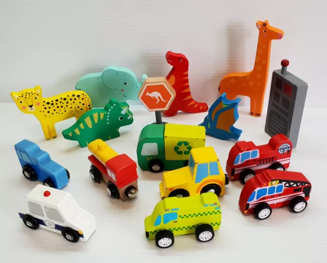 Mixed Bulk Lot of Wooden Toys - Cars Trucks Vehicles Animals & Dinosaurs