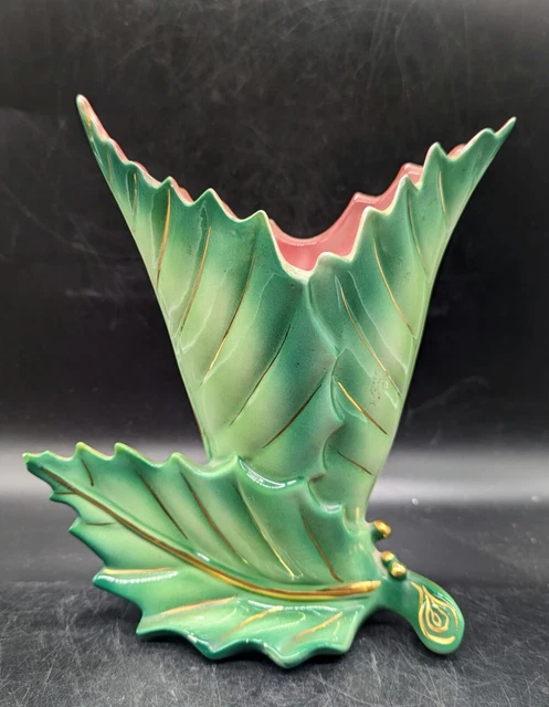 Vintage Mid Century Italian Art Pottery Leaf Vase 8.5"  Green Signed Italy