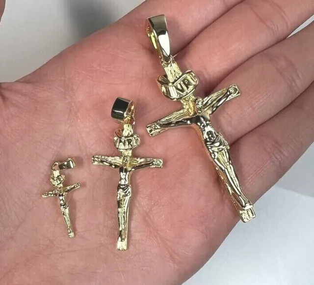 14k Gold Plated Solid 925 Silver Cross Jesus Piece Crucifix Pendant Necklace NEW