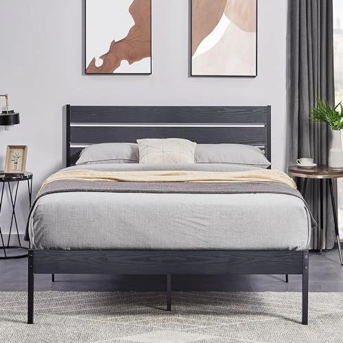 PLATFORM BED FRAME with Rustic Vintage Wood Headboard Full Black Wood