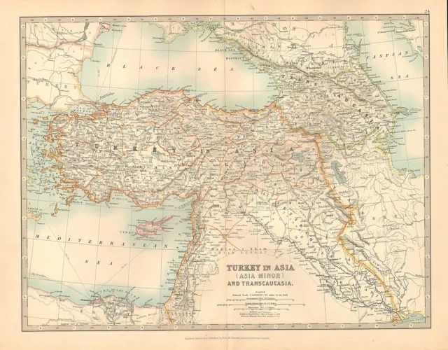 1911 Large Victorian Map ~ Turkey In Asia (Asia Minor) Transcaucasia Cyprus