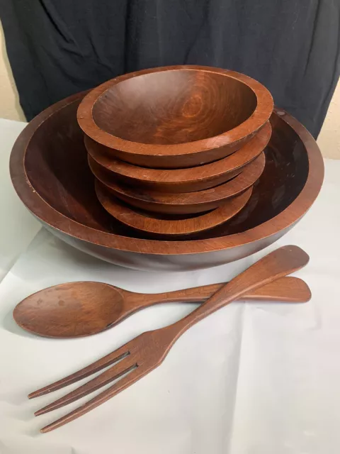 Baribocraft Canada Wooden Salad Set 6 Pieces Bowls Utensils Dark Wood Vintage