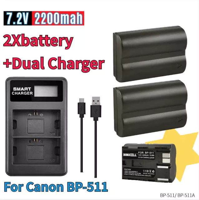 2x BP-511 BP-511A Battery +dual USB Charger 30D 40D 50D for Canon EOS 10D Camera