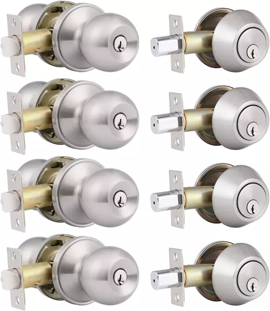 4 Pack Keyed Alike Entry Door Knobs and Single Cylinder Deadbolt Lock Combo Set