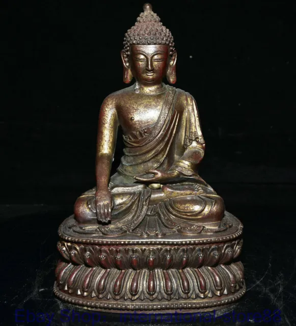 8.8" Old Tibet Red Bronze Gilt Buddhism Seat Shakyamuni Amitabha Buddha Statue
