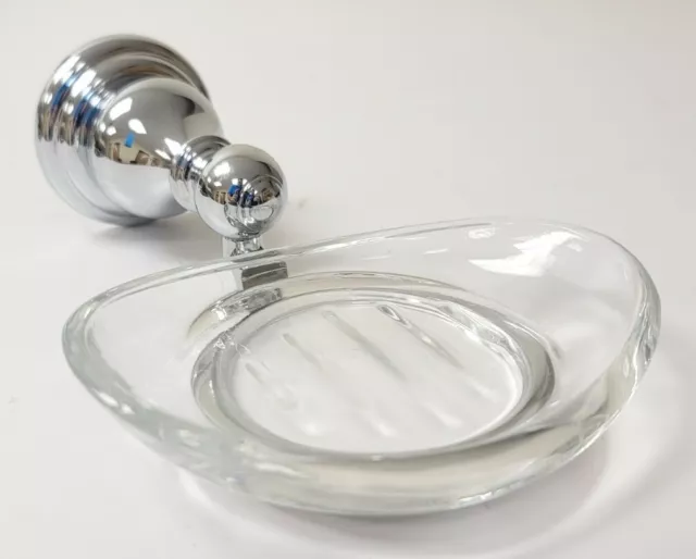Wall Mount Chrome Bathroom Soap Dish Holder w/ Glass Plate Brass Accent Option