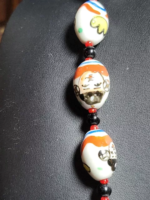 Vintage Chinese Export Necklace Hand Painted Large Porcelain Beads Clown Faces 2