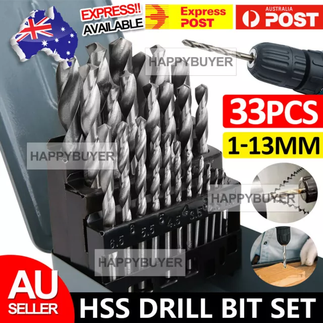 33pcs Twist Drill Bits Set HSS High Speed Steel Metric Metal Case 1-13mm Tools