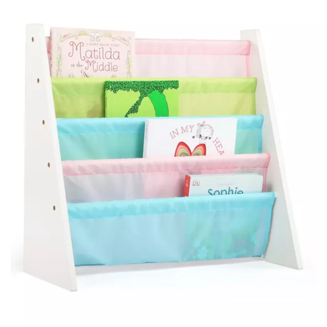 Kids Book Storage Rack with Fabric Sling Sleeves, 4 Nylon Pockets, Pastel