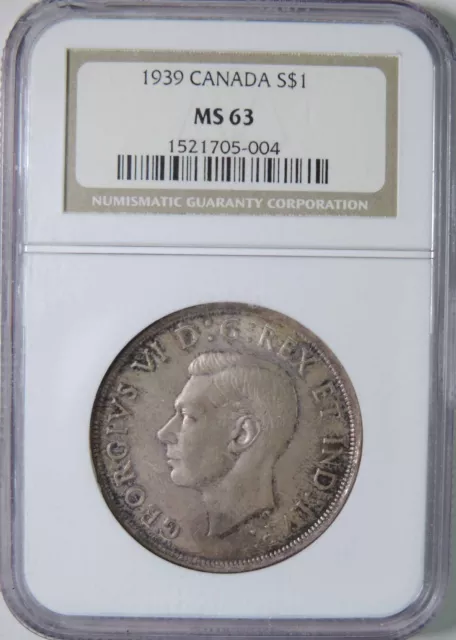 1939 Canada George VI Silver Dollar $1 Coin NGC Graded MS63 Gem BU UNC