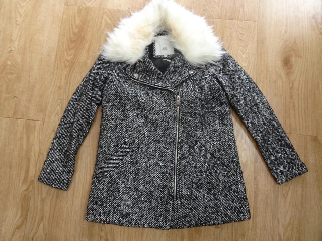 RIVER ISLAND donna ragazze anziane giacca collare peloso nero crema UK 4 PETITE