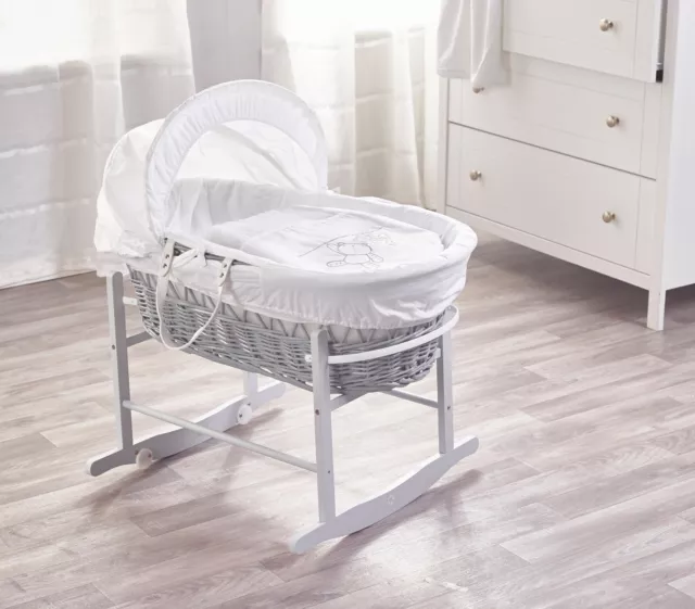 White Teddy Wash Day Grey Wicker Moses Basket With Grey Rocking Stand & Mattress