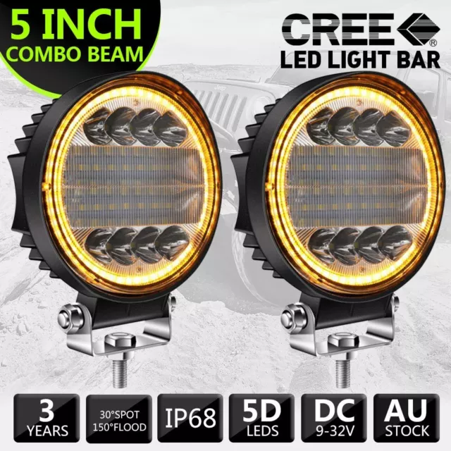 Pair 5 inch Round LED Work Lights Combo w/DRL Offroad Driving Fog Amber Lamp