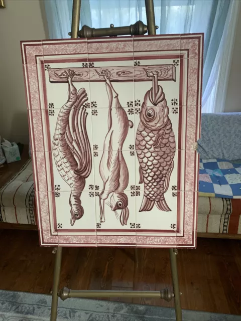 Portuguese Hand Painted Dead Game Hunting Rare Fish Rabbit Tile Mural Panel
