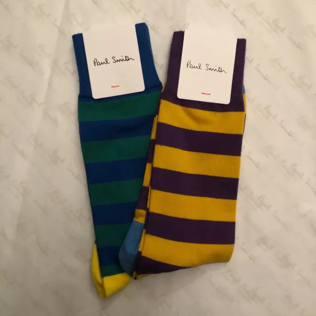 PAUL SMITH 2 PACK mens wide stripe cotton socks yellow & purple / blue & green