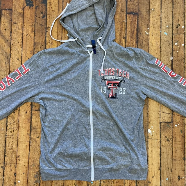 TEXAS TECH RED RAIDERS Large Gray Full Zip Lightweight Hooded Sweatshirt - NEW