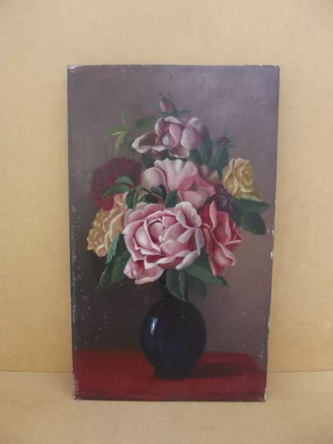 ancien tableau huile sur bois  tableau de fleurs bouquet de rose signé daté 1898