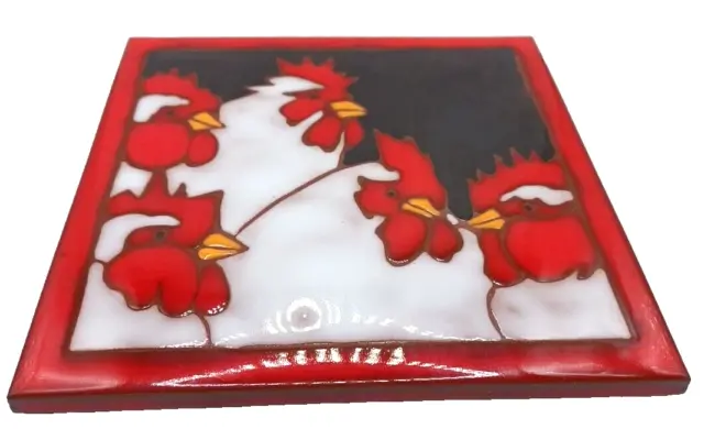 Elaine Cain Decorative Glazed Art Tile 5 Red Comb Roosters 6" X 6" Terra Cotta