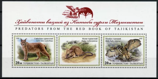 Tajikistan Stamps 2020 MNH Red Book Predators Lynx Owls Rats Fauna 2v M/S