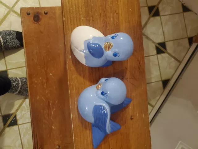 Ceramic Wall Hanging Blue Bird Pair  Pottery Art Plaques 5" and 6"