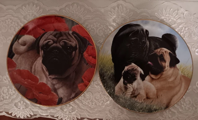 Pug Collector Plates Set Of 2- Danbury Mint Limited Edition Simon Mendez