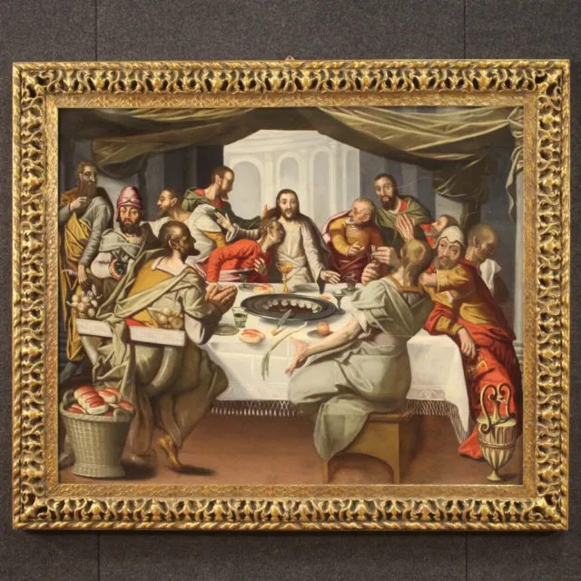Antico quadro fiammingo ultima cena dipinto religioso olio su tavola XVI secolo