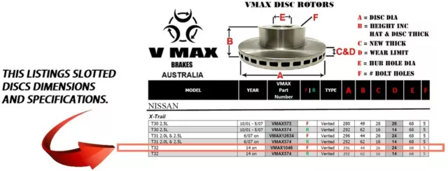 SLOTTED VMAXR fits NISSAN X-Trail T32 2014 Onwards 296mm FRONT Disc Brake Rotors 2