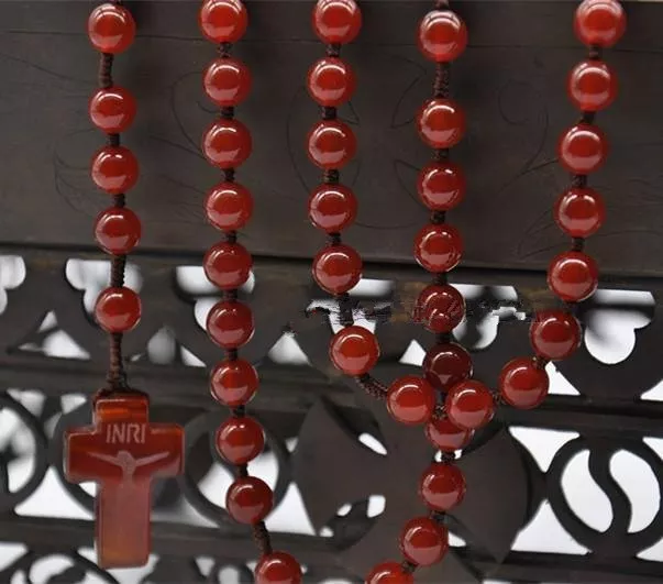 RED Natural Agate & cross crucifix catholic Rosary Bead Prayer Necklace & box