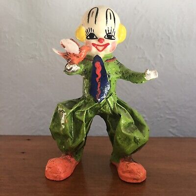 Vintage Paper Mache Hand Painted Circus Clown Holding Bird Made In Mexico