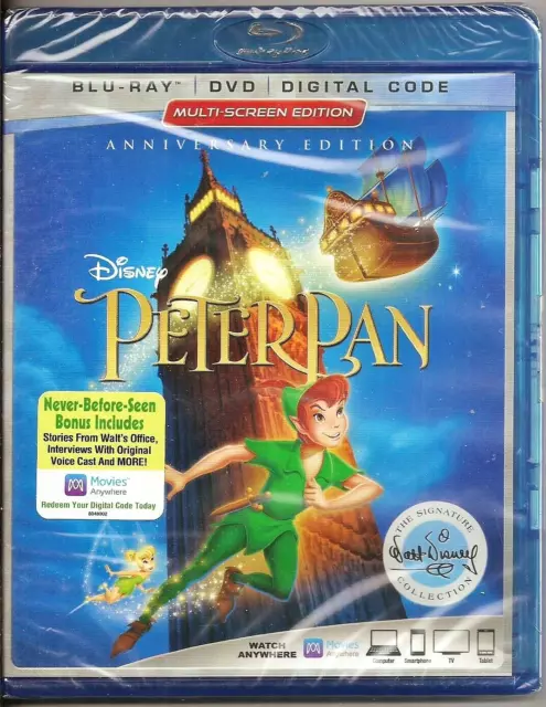 Peter Pan Blu-ray + DVD + Digital Code Disney Movie Authentic - Factory Sealed