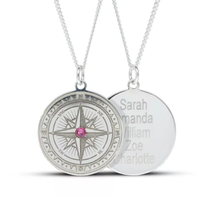 Personalised Silver Compass Pendant, travel, journey necklace, birthstones, gift