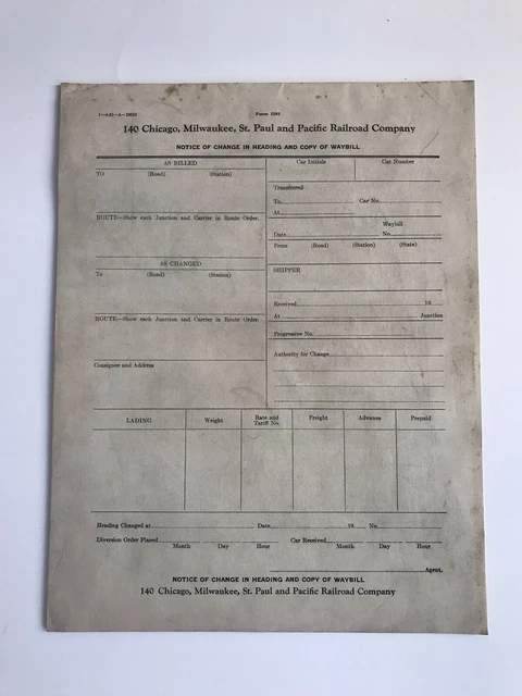 Chicago, Milwaukee, St. Paul & Pacific Railroad Form 1393 Waybill vintage