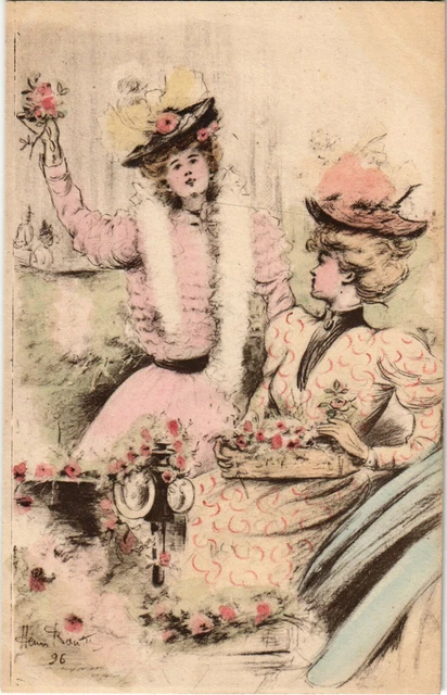 PC CPA HENRI BOUTET ARTIST SIGNED LADIES WITH FLOWERS ART NOUVEAU 96 (b15587)