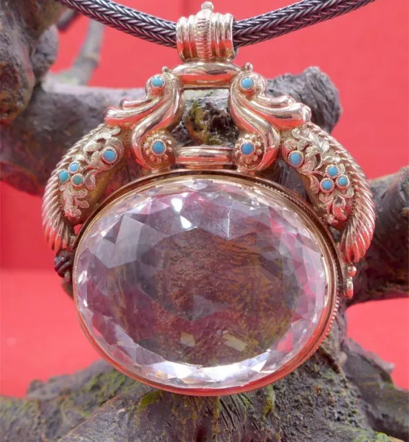 Biedermeier Petschaft Collier Halskette Bergkristall Türkis Silber Gold