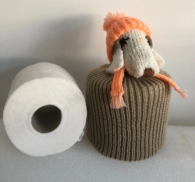 LIVER BEDLINGTON TERRIER DOG TOILET ROLL COVER with PEACH  BOBBLE HAT & SCARF