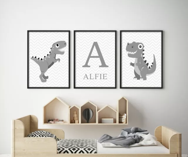 3 Personalised Dinosaur Trex Grey Prints Nursery Wall Art Decor Room Pictures 2